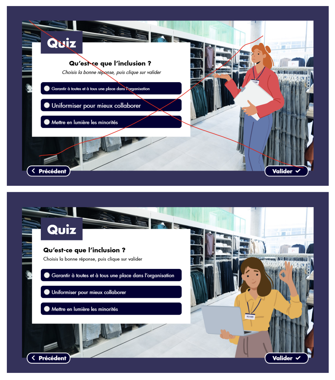Comparaison avant/après d'un quiz Storyline : visuel qui chevauche les réponses vs placement correct